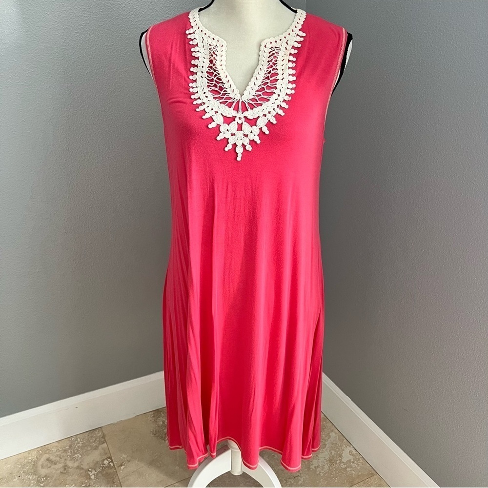 Chelsea & Violet Pink Midi Dress with White Crochet Detail